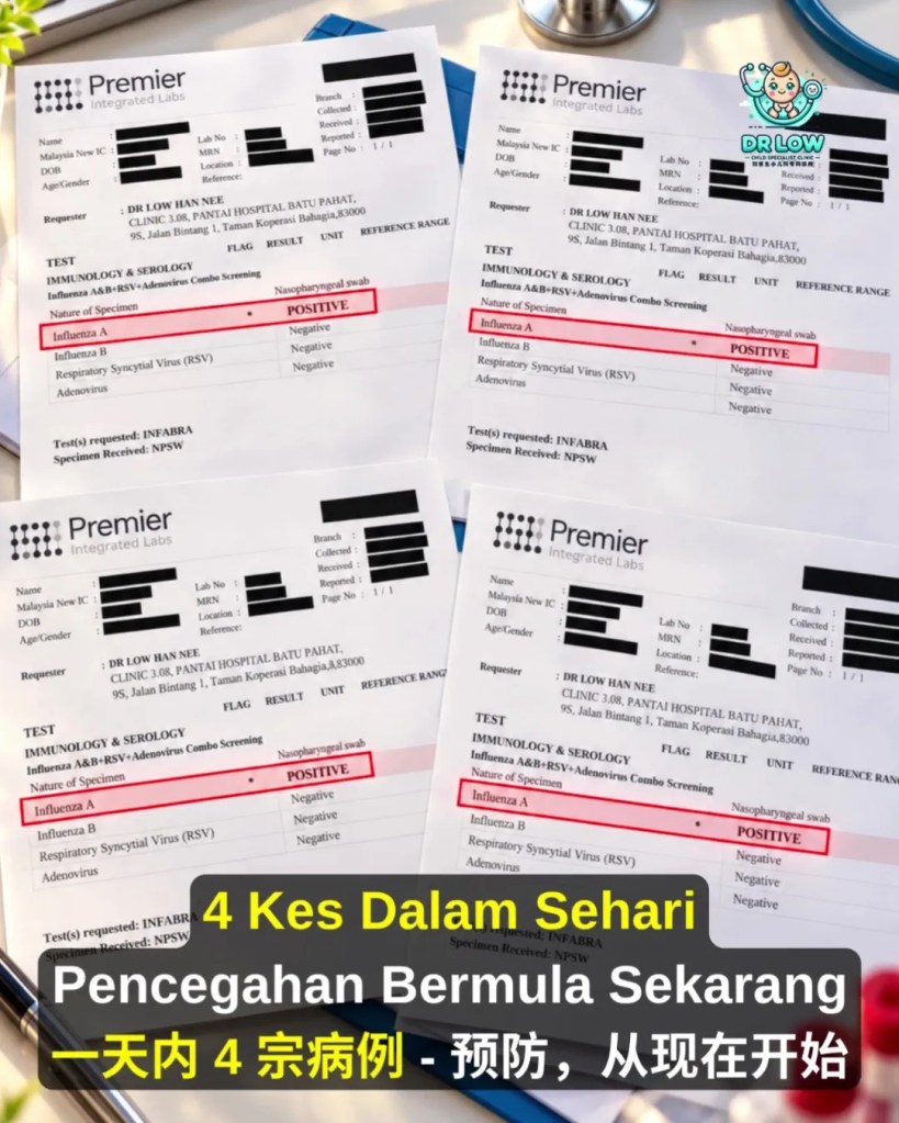 4 Kes Influenza A Dalam Satu Hari di Batu Pahat - Musim Influenza Lindungi Anak dengan Langkah Pencegahan dan Vaksin Influenza - Dr Low Child Specialist Clinic BP A12